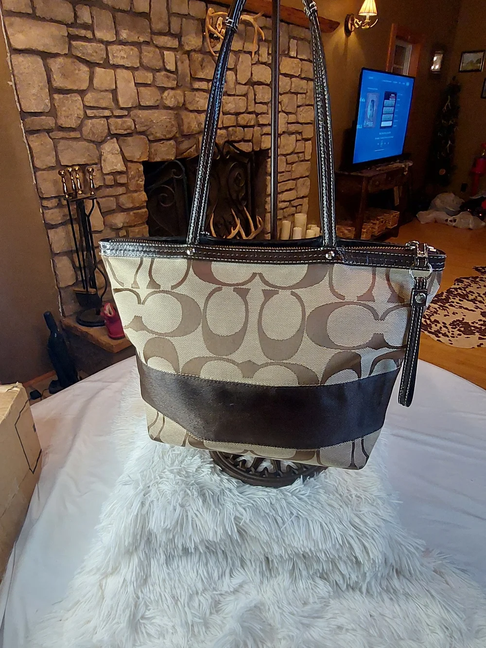 Coach Signature Stripe Zip Top Tote Bag F13548 - Pristine Lining 2009